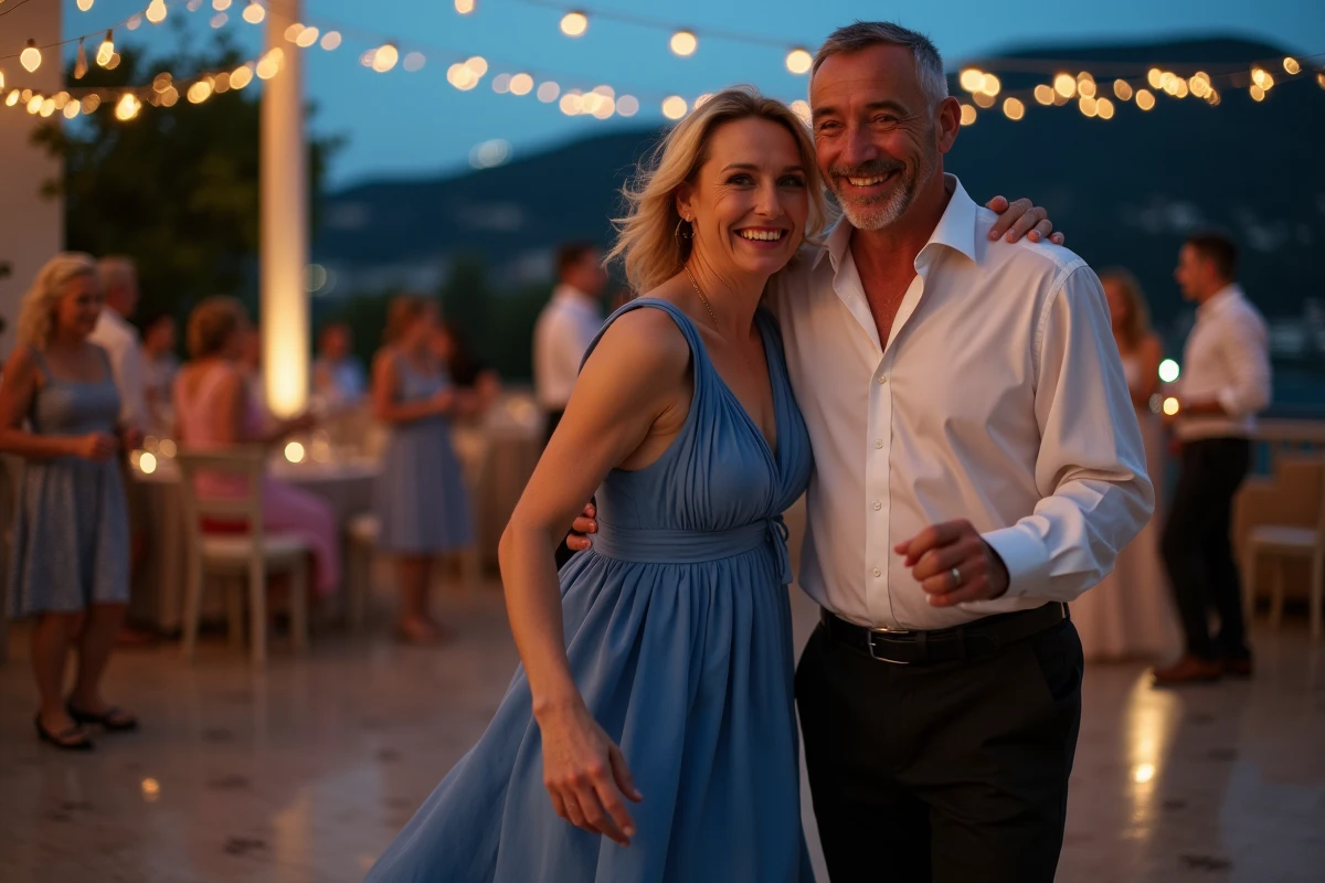 Femme et homme souriants dansant le sirtaki en extérieur