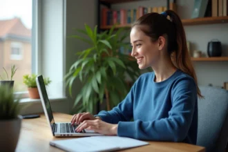 Jeune femme souriante utilisant un ordinateur dans un bureau cosy