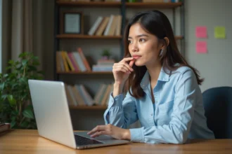 Jeune femme réfléchissant à son orientation professionnelle devant un ordinateur portable dans un bureau à domicile
