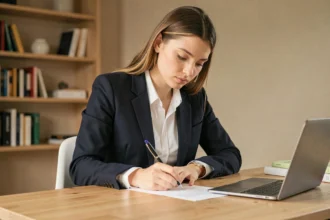 Jeune femme rédigeant une lettre de motivation pour son premier emploi à son bureau à domicile