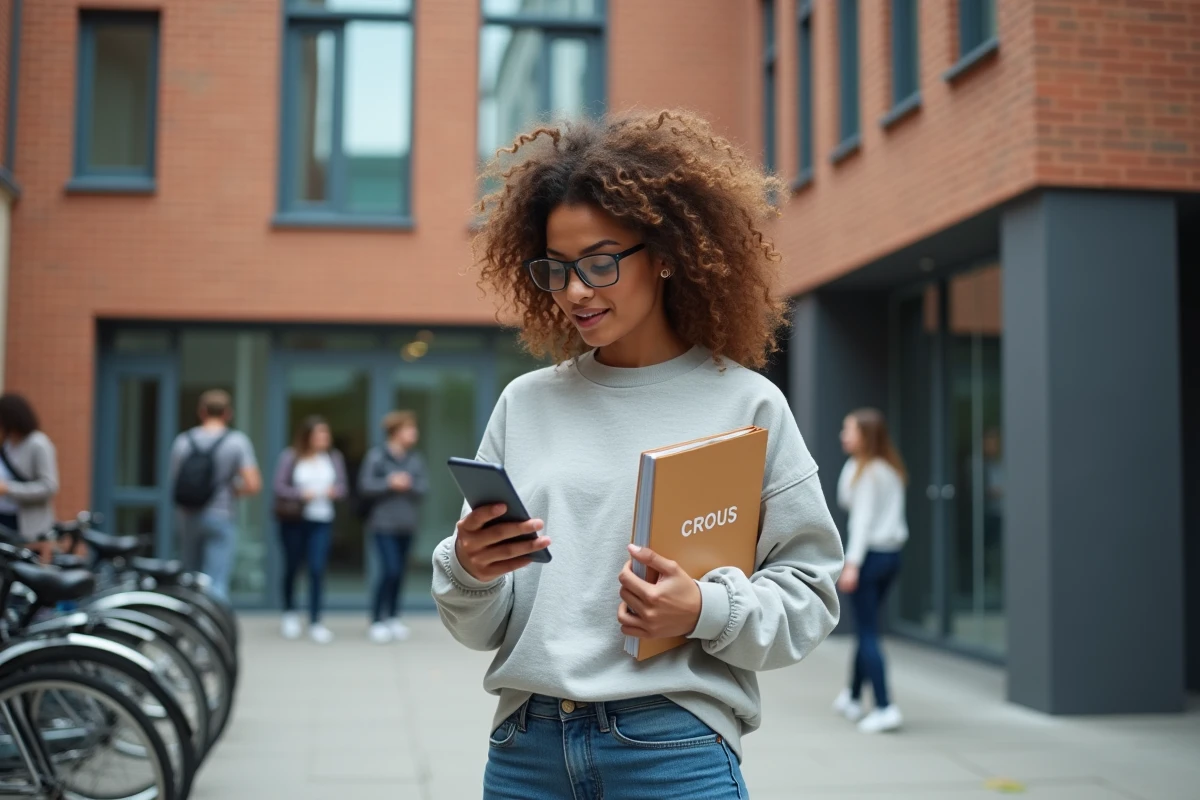 Jeune femme avec dossier devant la résidence étudiante