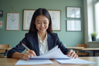 Jeune femme en bureau examine des documents importants