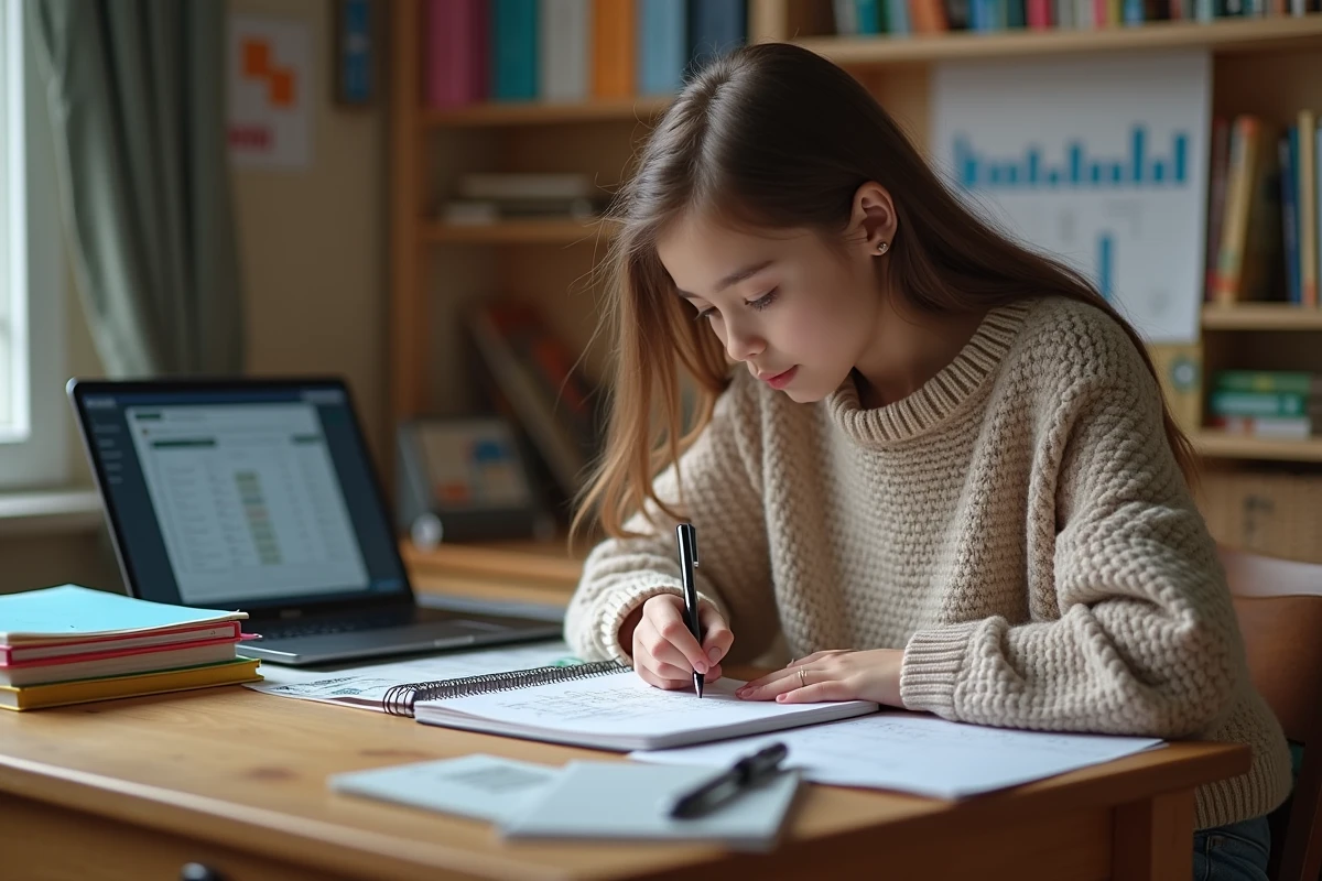 Jeune fille concentrée en étude dans sa chambre