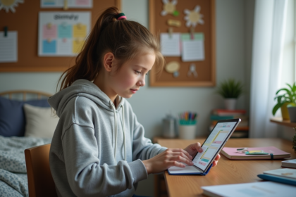 Jeune fille concentrée avec planner numérique dans sa chambre