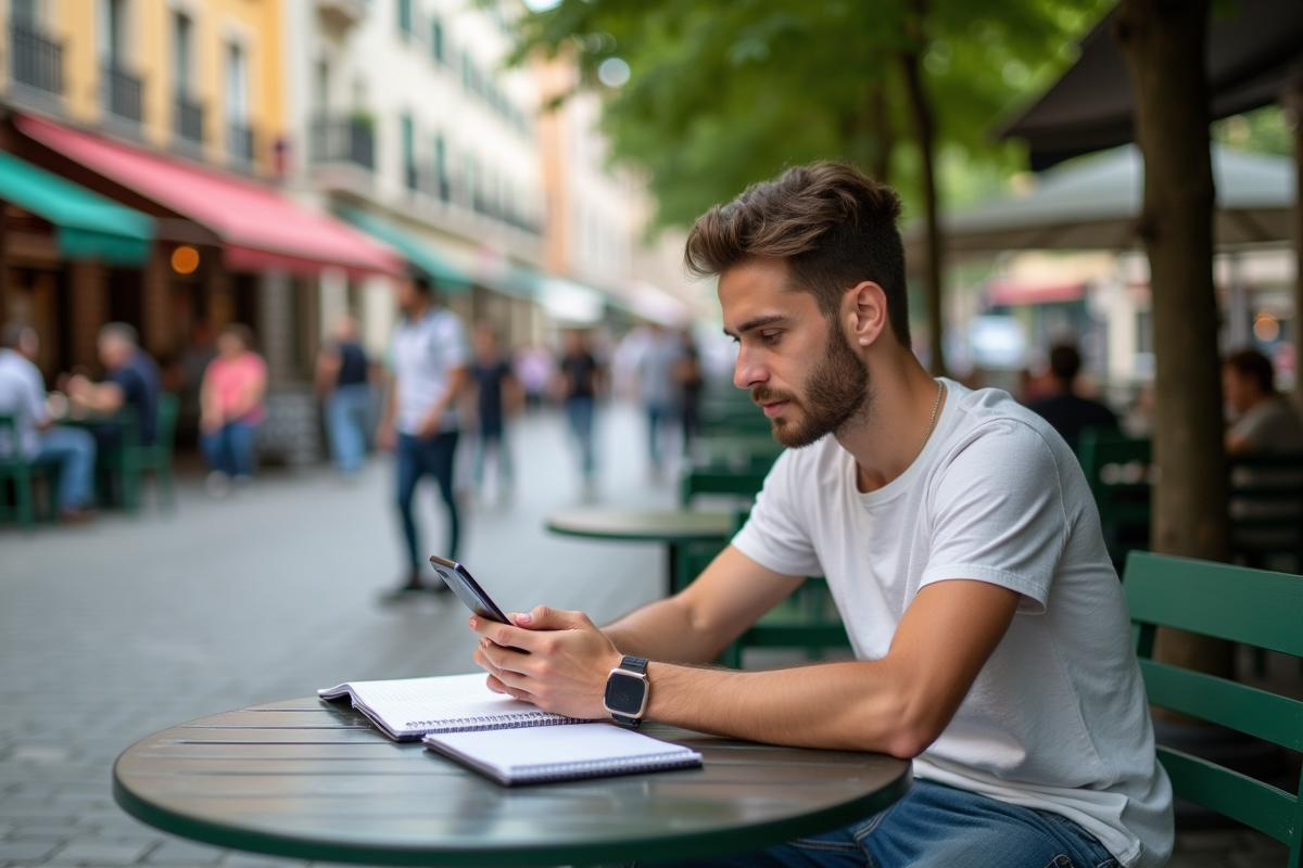 Jeune homme planifiant son budget au café en plein air