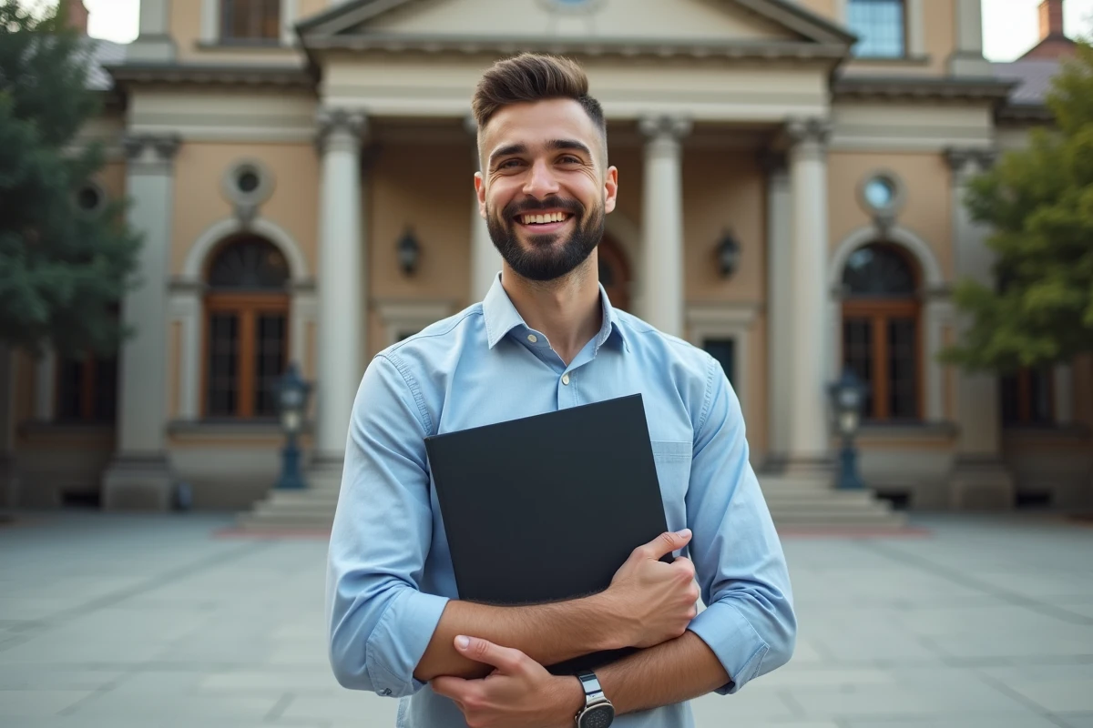 Jeune homme souriant devant un bâtiment universitaire