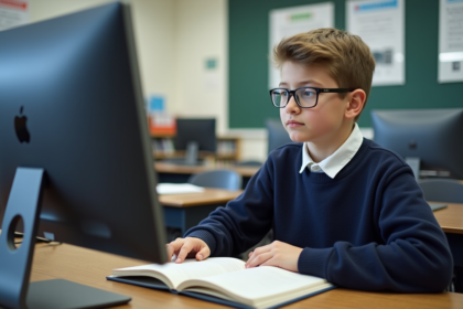 Jeune garçon concentré devant son ordinateur en classe