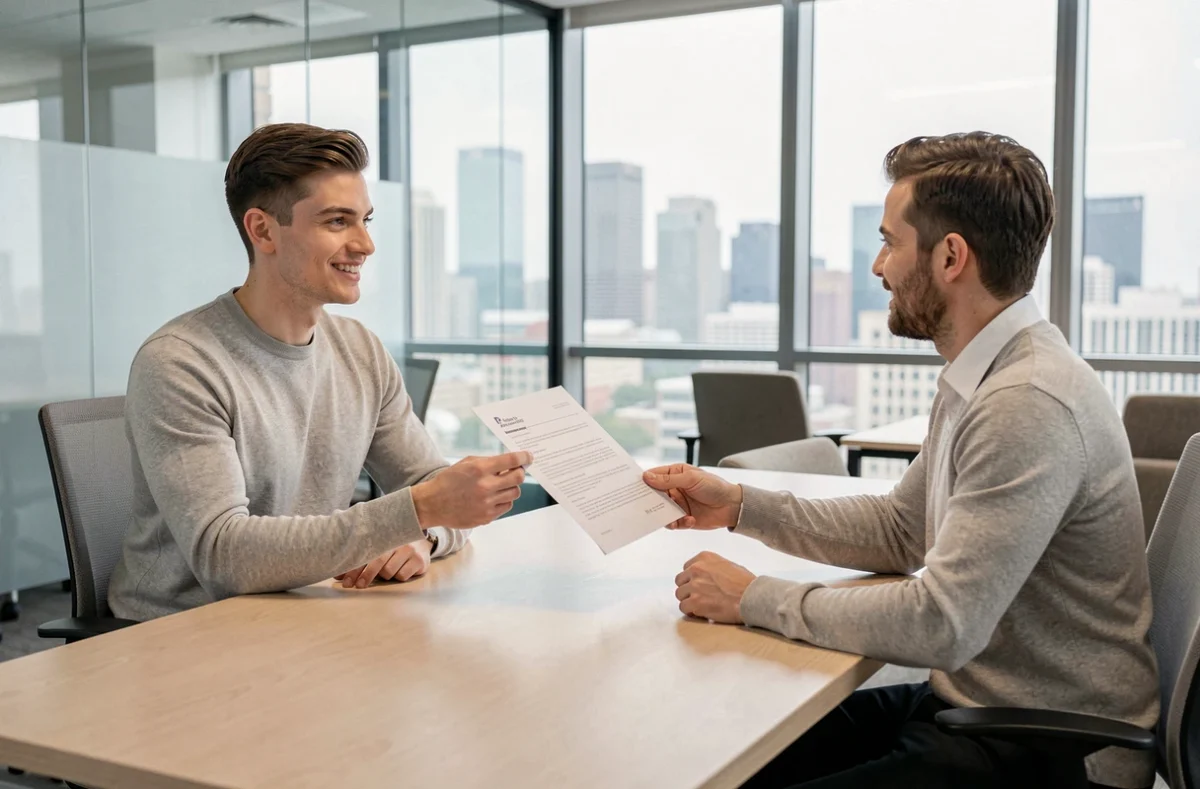 Jeune homme remettant sa lettre de motivation à un recruteur lors d'un entretien pour un premier emploi