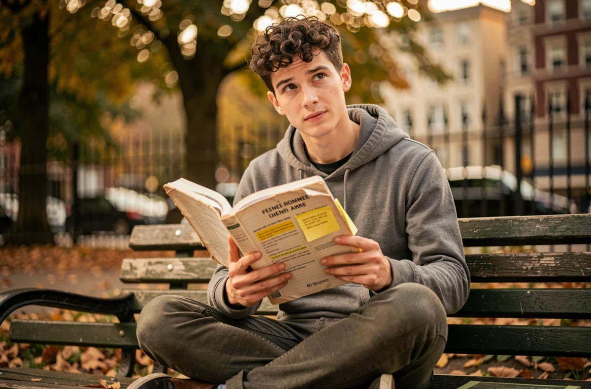 Jeune homme révisant les articles de grammaire française dans un parc en automne avec un cahier annoté