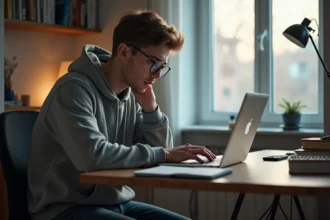Jeune homme stressé étudiant regardant son ordinateur portable
