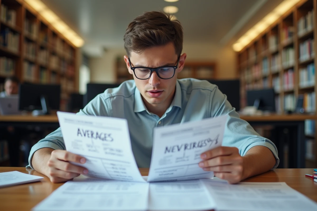Jeune homme étudiant et analysant des notes en bibliothèque