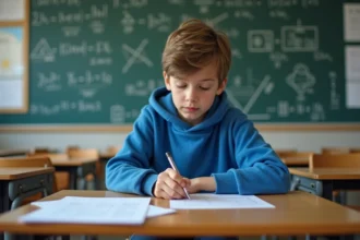 Adolescent concentré en classe travaillant la trigonometrie