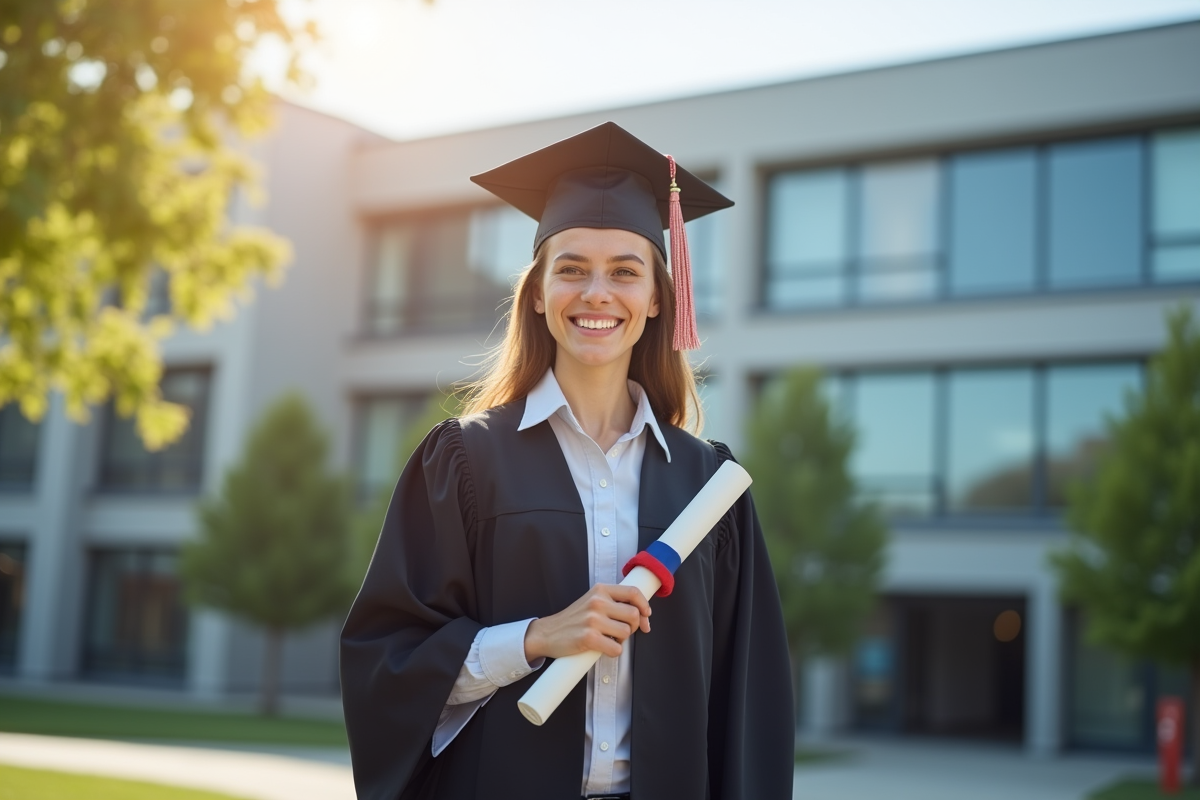 Jeune diplômé en robe et chapeau universitaire devant bâtiment moderne