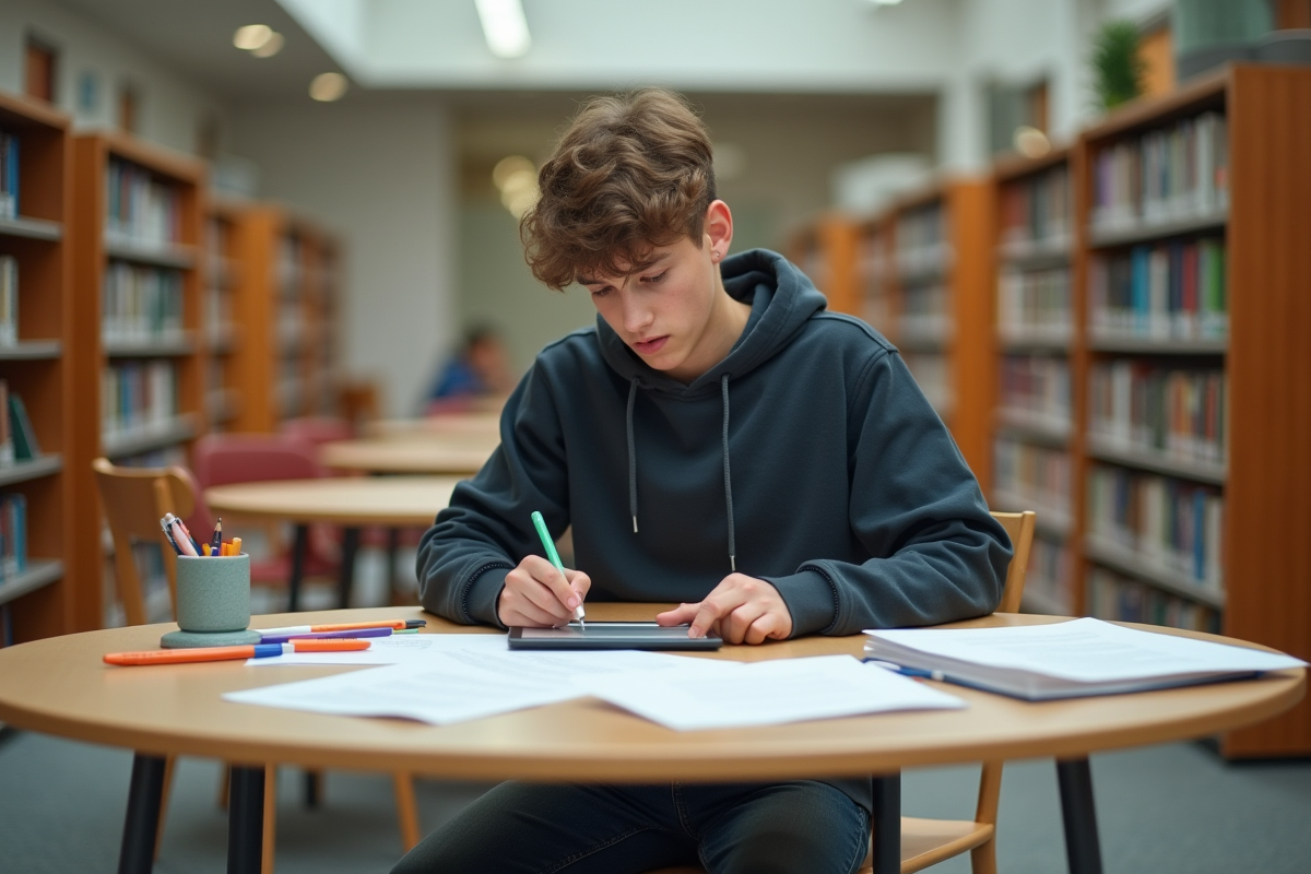 Jeune étudiant utilisant une tablette dans une bibliothèque scolaire