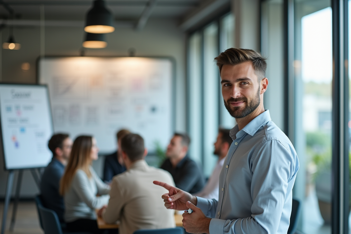 Jeune chef de projet en brainstorming dans un espace de coworking