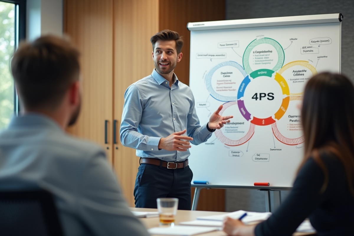 Jeune manager expliquant le 4Ps devant un tableau blanc