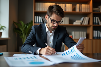Jeune homme en costume étudiant des graphiques financiers