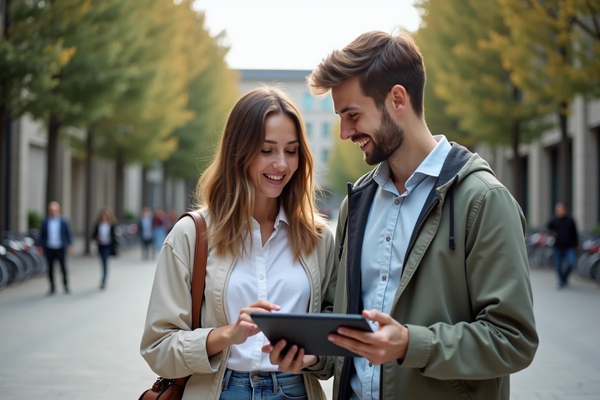 Jeunes amis discutant devant le campus universitaire