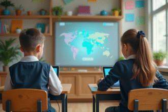 Jeunes élèves en classe avec tablettes et tableau interactif