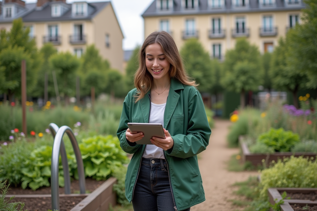 Jeune femme souriante dans un jardin urbain avec tablette