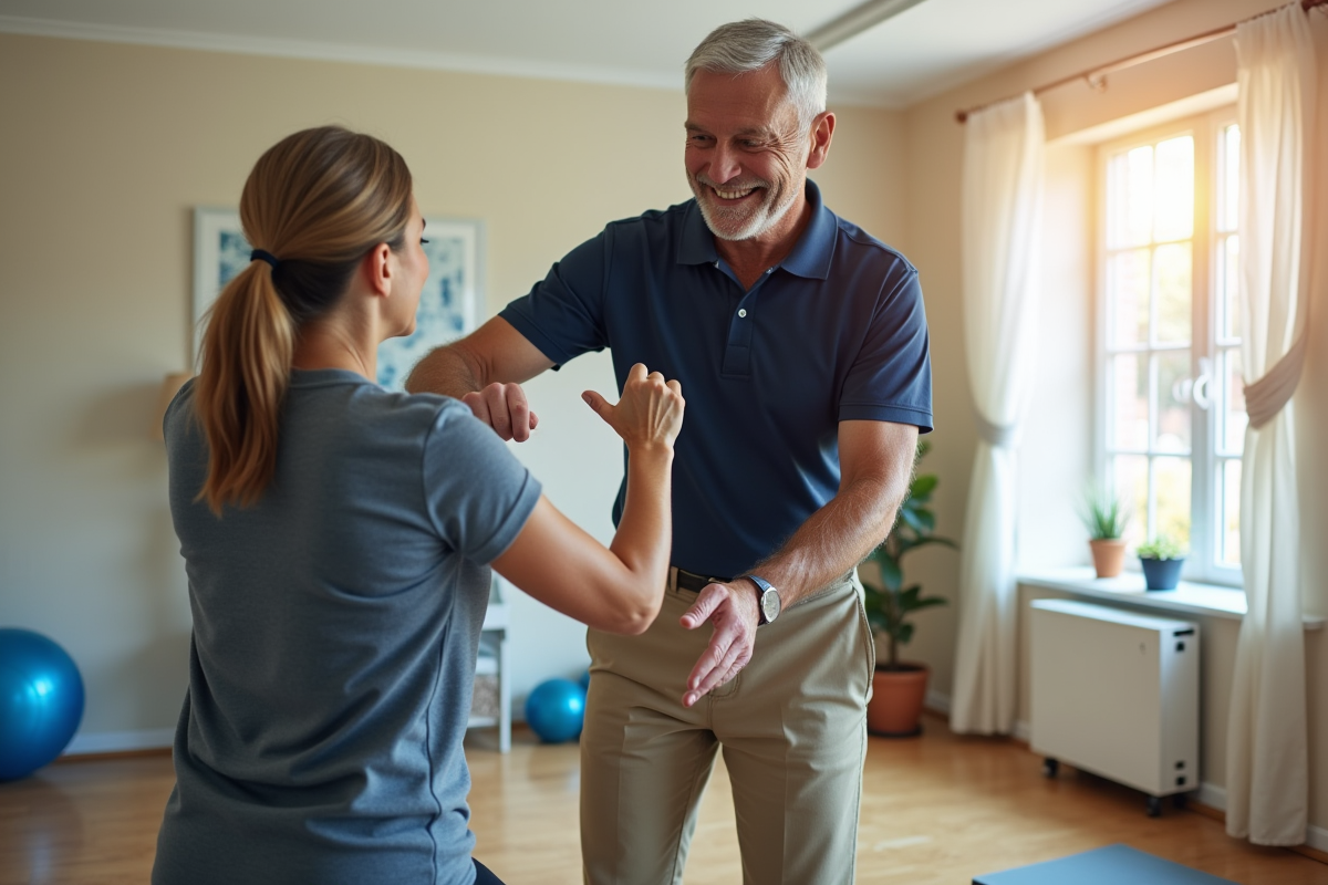 Kine aidant un patient lors d une reeducation en clinique