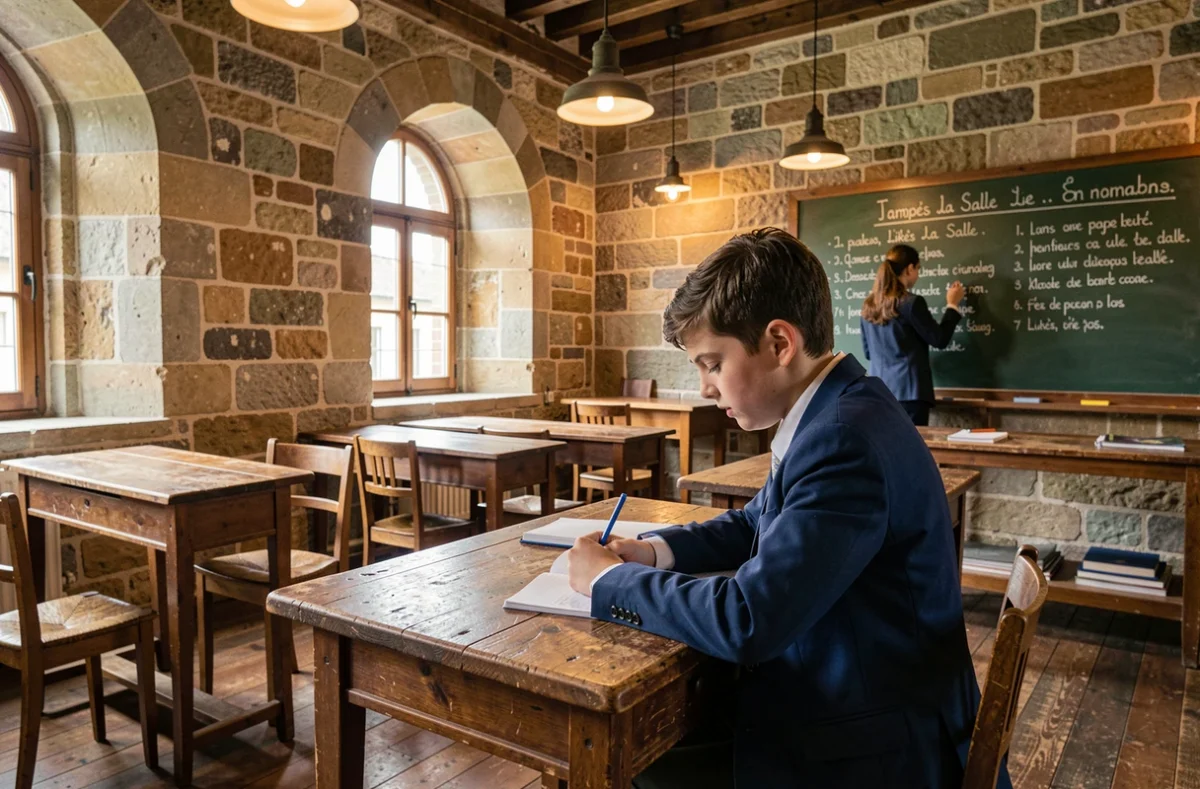 Élève en uniforme bleu dans une salle de classe aux murs en pierre au lycée Le Likès La Salle à Quimper, prenant des notes pendant un cours