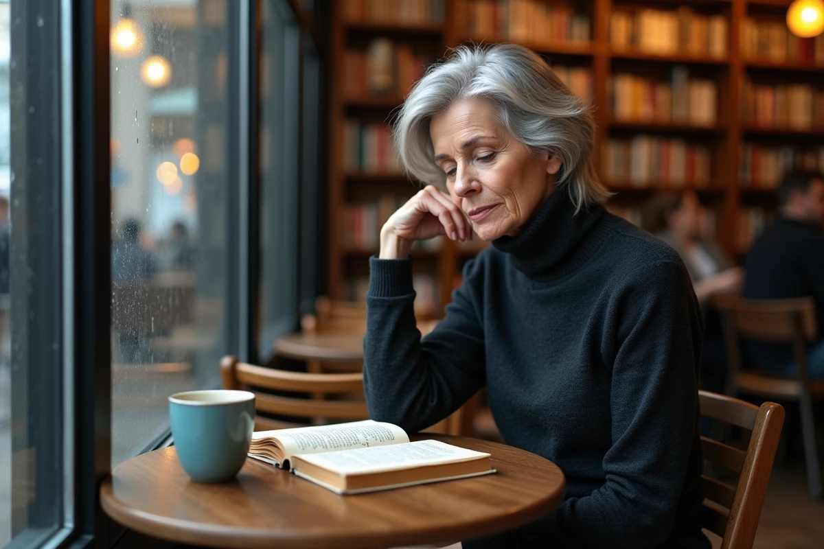 Une femme leader expérimentée lit un livre annoté dans un café librairie, illustrant la réflexion personnelle et la remise en question des modèles classiques du leadership