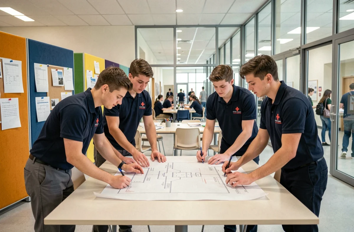 Groupe d'étudiants en polo scolaire collaborant sur un projet au Lycée La Croix Rouge La Salle à Brest dans un espace pédagogique moderne