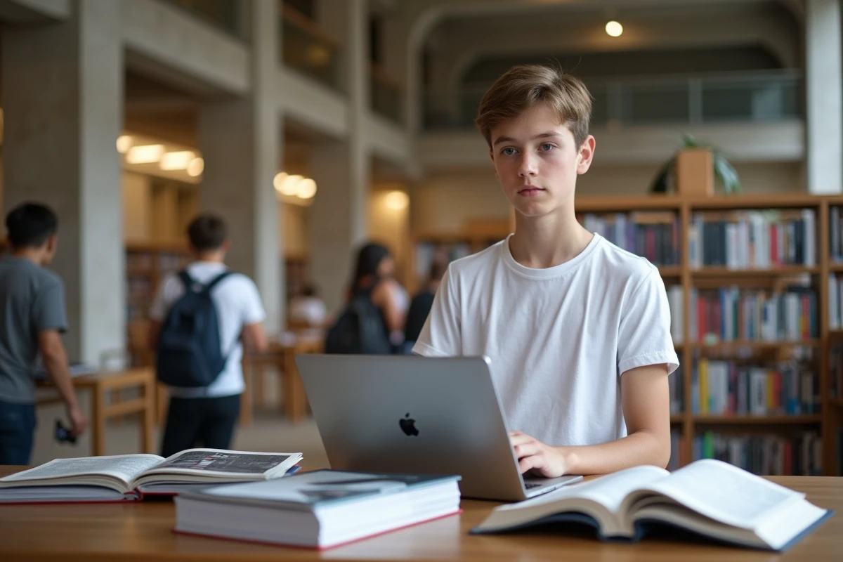 Lycéen debout dans une bibliothèque universitaire consultant les formations Ensamaa sur Parcoursup pour préparer sa stratégie de vœux 2026