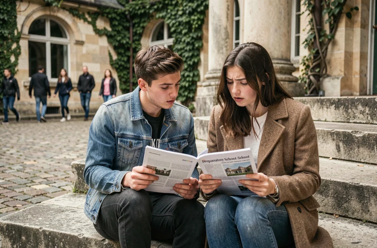 Deux lycéens comparant des brochures de prépas BCPST dans la cour d'un lycée français