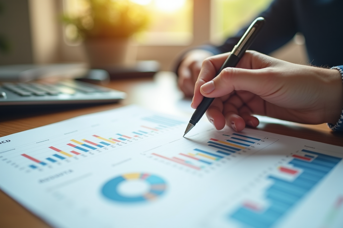 Main tenant un stylo examinant des rapports financiers colorés sur un bureau en bois