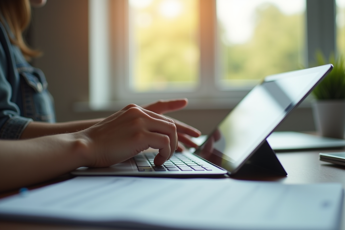 Main utilisant une tablette pour apprendre en ligne