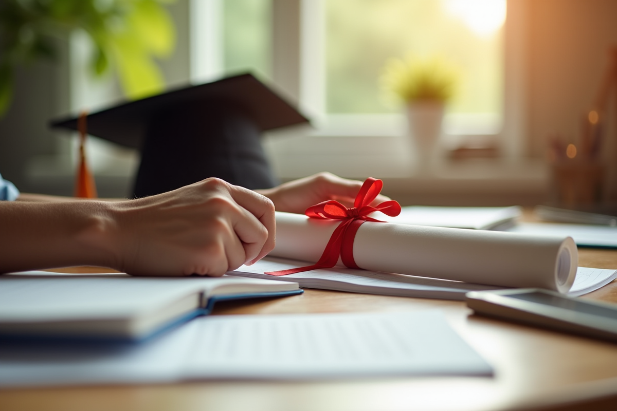 Mains tenant un diplôme sur un bureau avec matériel d