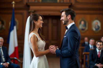 Jeune couple français échangeant leurs vœux à la mairie