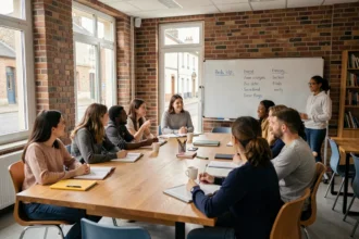Groupe d'adultes suivant un cours d'anglais dans une école de langues des Yvelines