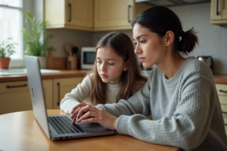Une mère et sa fille adolescente consultent ensemble l'ENT 45 sur un ordinateur portable dans une cuisine familiale