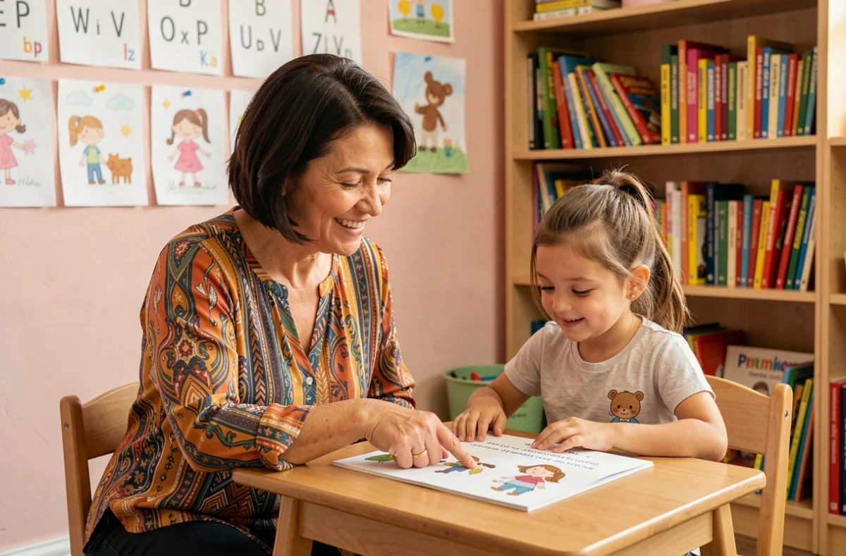 Professeure bienveillante guidant une jeune élève lors d'un cours d'anglais à Mini Schools avec Lilbert Marie-Pierre