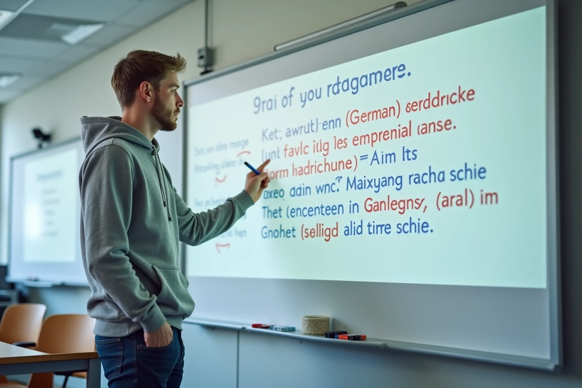 Étudiant expliquant l'ordre des mots en allemand devant un tableau blanc avec des schémas grammaticaux