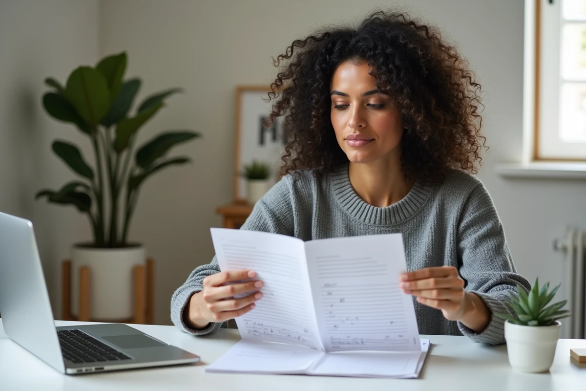 Mère comparant une feuille de devoirs CE1 imprimée en ligne et un cahier du commerce posés côte à côte sur un bureau à domicile