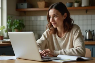 Mère d'élève consultant le portail Cyclades sur un ordinateur portable à la table de cuisine avec des documents scolaires