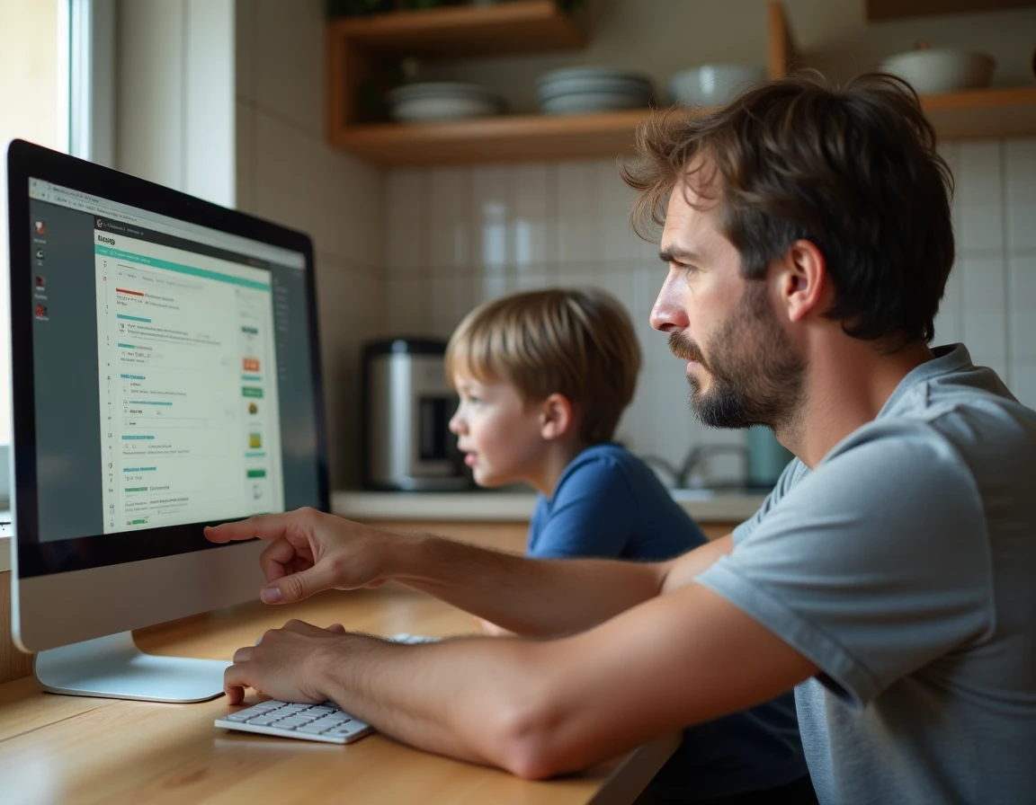 Parent aidant son enfant à résoudre un problème de connexion sur le portail scolaire Toutatice depuis la cuisine familiale