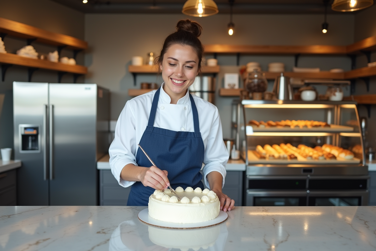 Chef pâtissière souriante décorant un gâteau dans la boulangerie