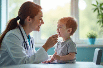 Pédiatre examinant un enfant souriant dans un cabinet lumineux
