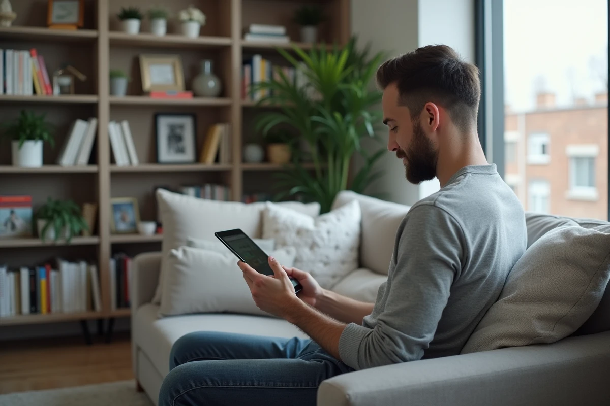 Père de famille utilisant une tablette pour accéder au portail scolaire en ligne Ent Île-de-France depuis son salon
