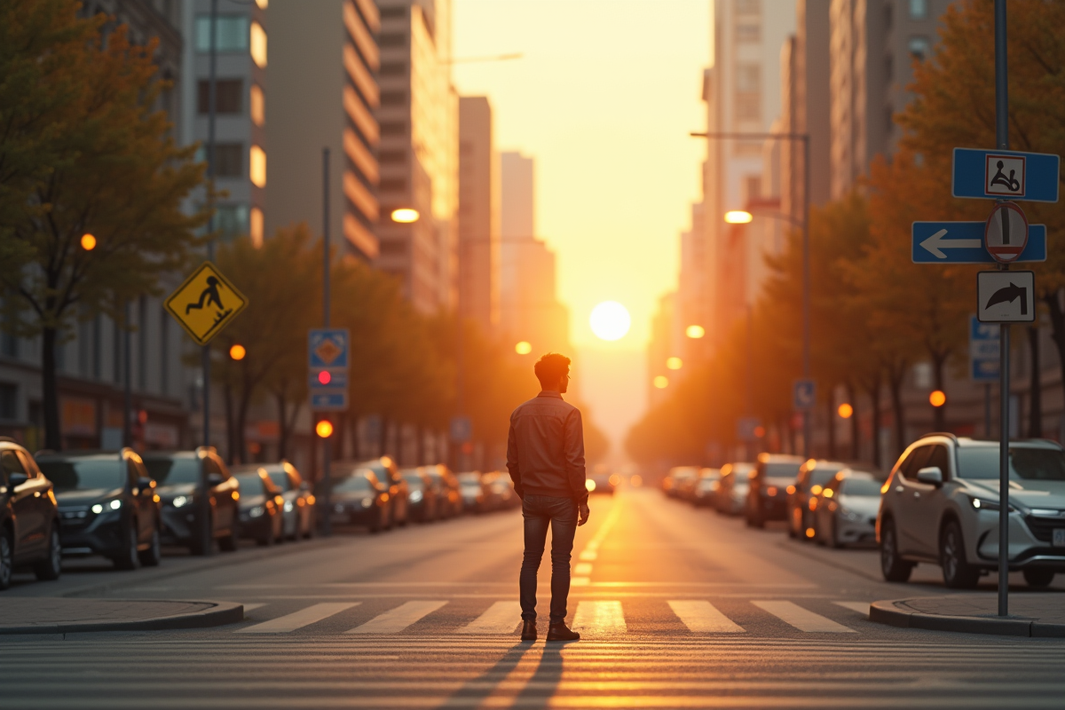 Personne réfléchissant à un choix à un carrefour urbain au coucher du soleil