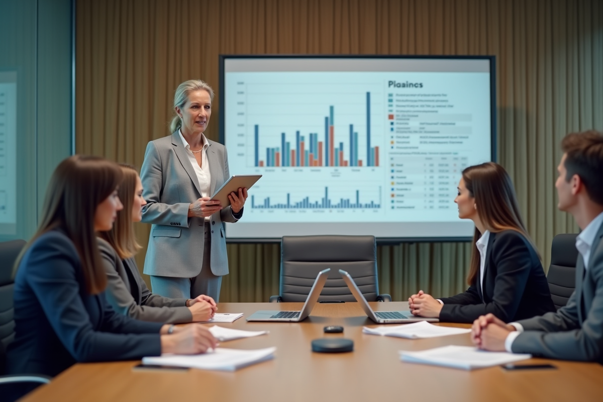 Analyste financier présentant un rapport à ses collègues