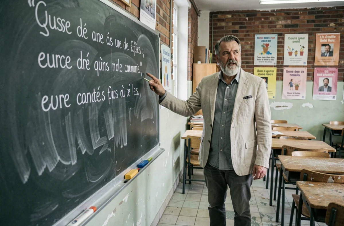 Professeur expliquant la différence entre articles définis et indéfinis au tableau dans une salle de classe