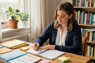 Professeure des écoles planifiant ses séquences pédagogiques dans un cahier de préparation à son bureau à domicile