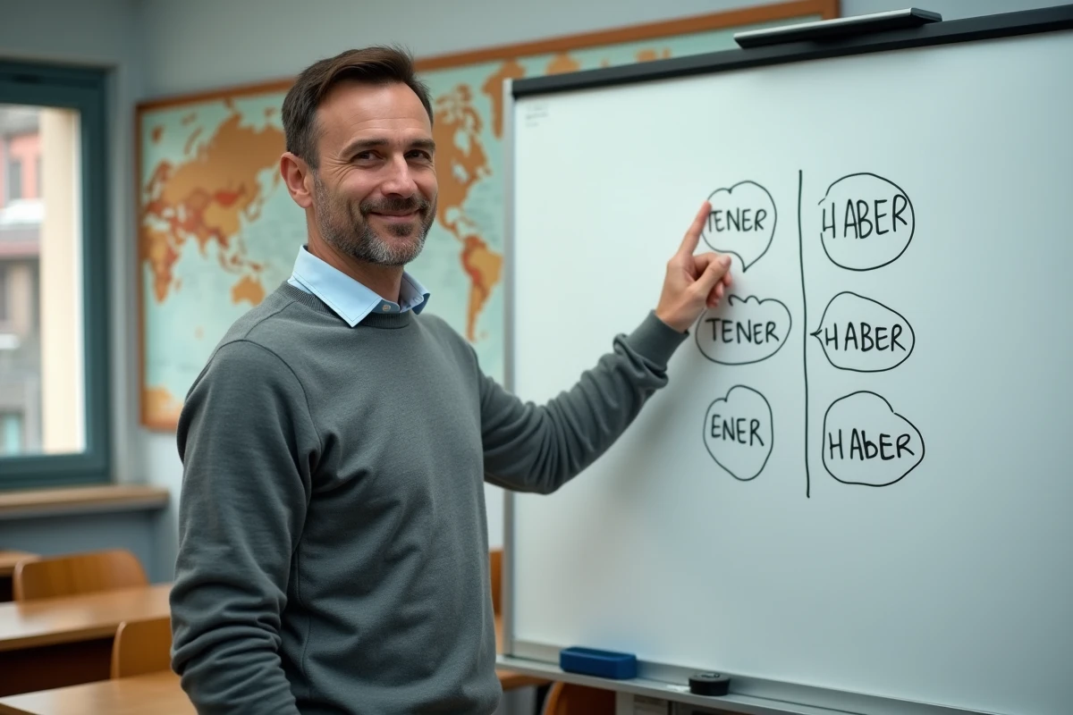 Professeur d'espagnol expliquant la différence entre les verbes tener et haber sur un tableau blanc en salle de classe