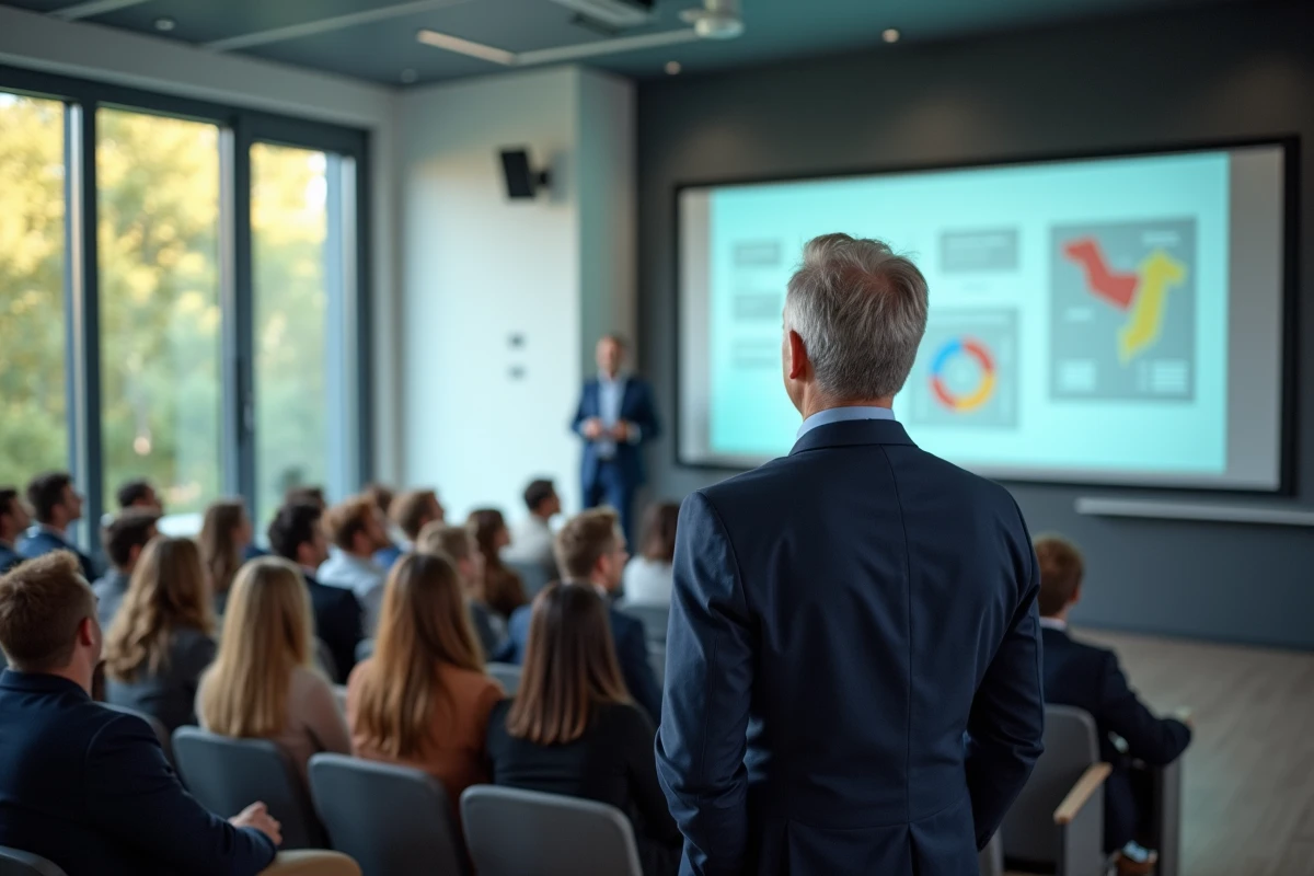Professeur présentant des diagrammes dans un amphithéâtre moderne à Nîmes